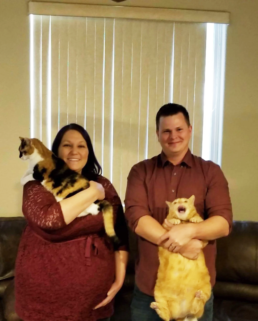 A smiling woman and man stand indoors holding two cats. The woman holds a calico cat calmly, while the man holds a large orange cat with its mouth open, looking surprised. They are in front of vertical blinds.