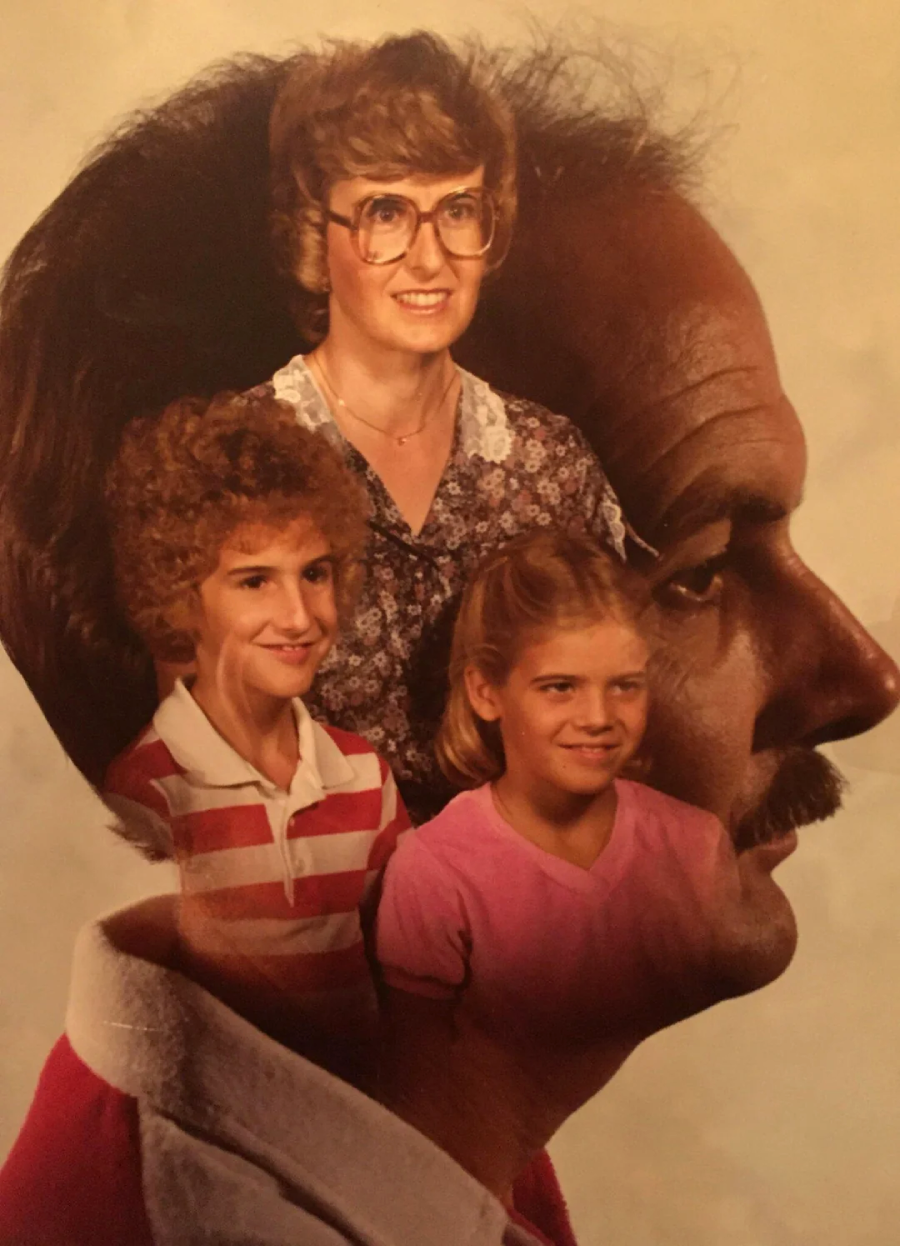 A vintage family portrait with a man's side profile forming the background. Superimposed are a woman with glasses and two children, a boy in a red striped shirt and a girl in a pink shirt, all smiling.