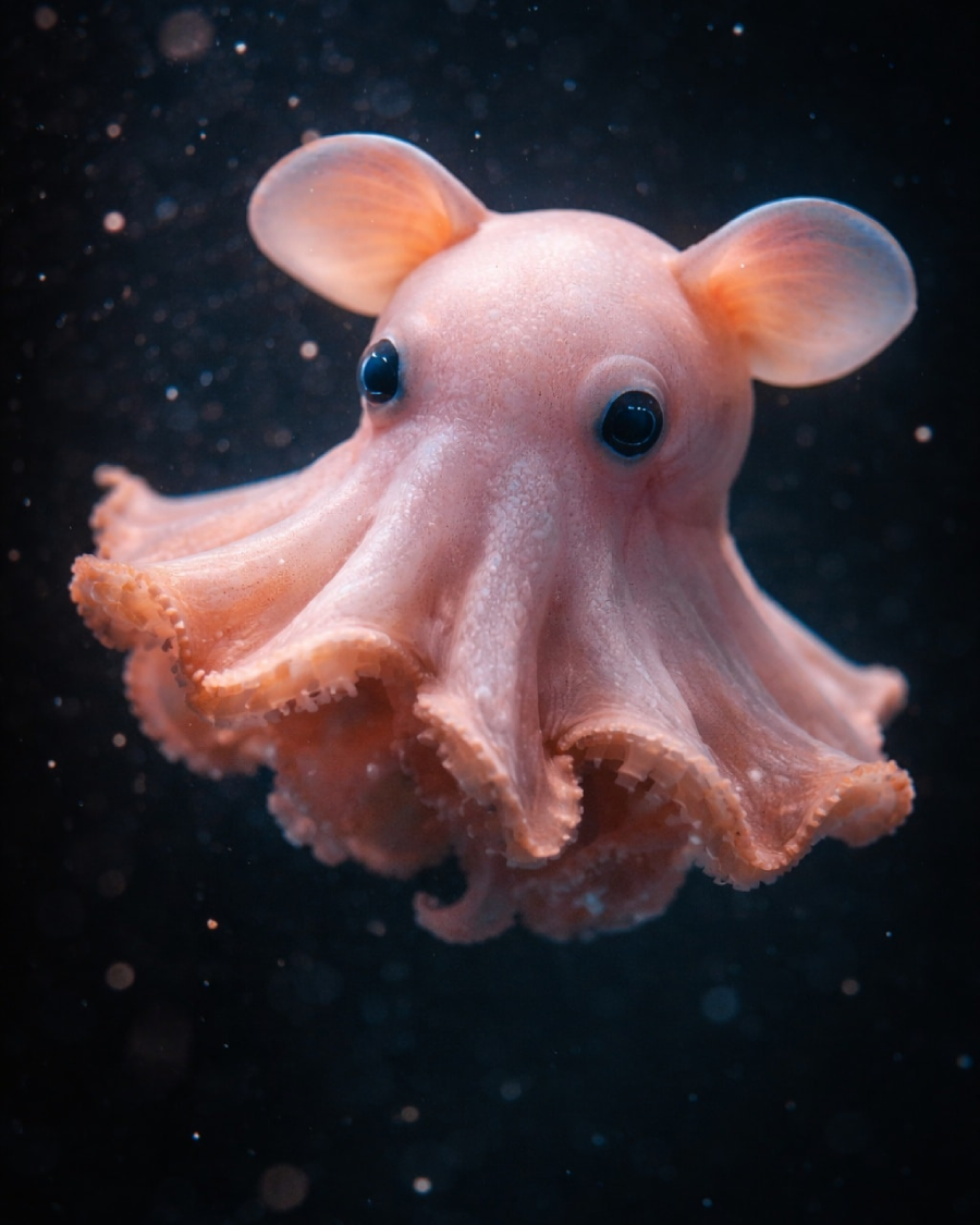 A pale pink Dumbo octopus with large ear-like fins and wide black eyes floats underwater against a dark, speckled background.