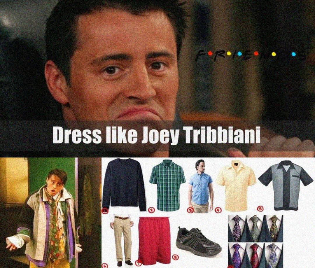 A collage with Joey Tribbiani from Friends, featuring him wearing many layers of clothes, the Friends logo, "Dress like Joey Tribbiani," and images of shirts, shorts, shoes, and ties numbered as a clothing guide.