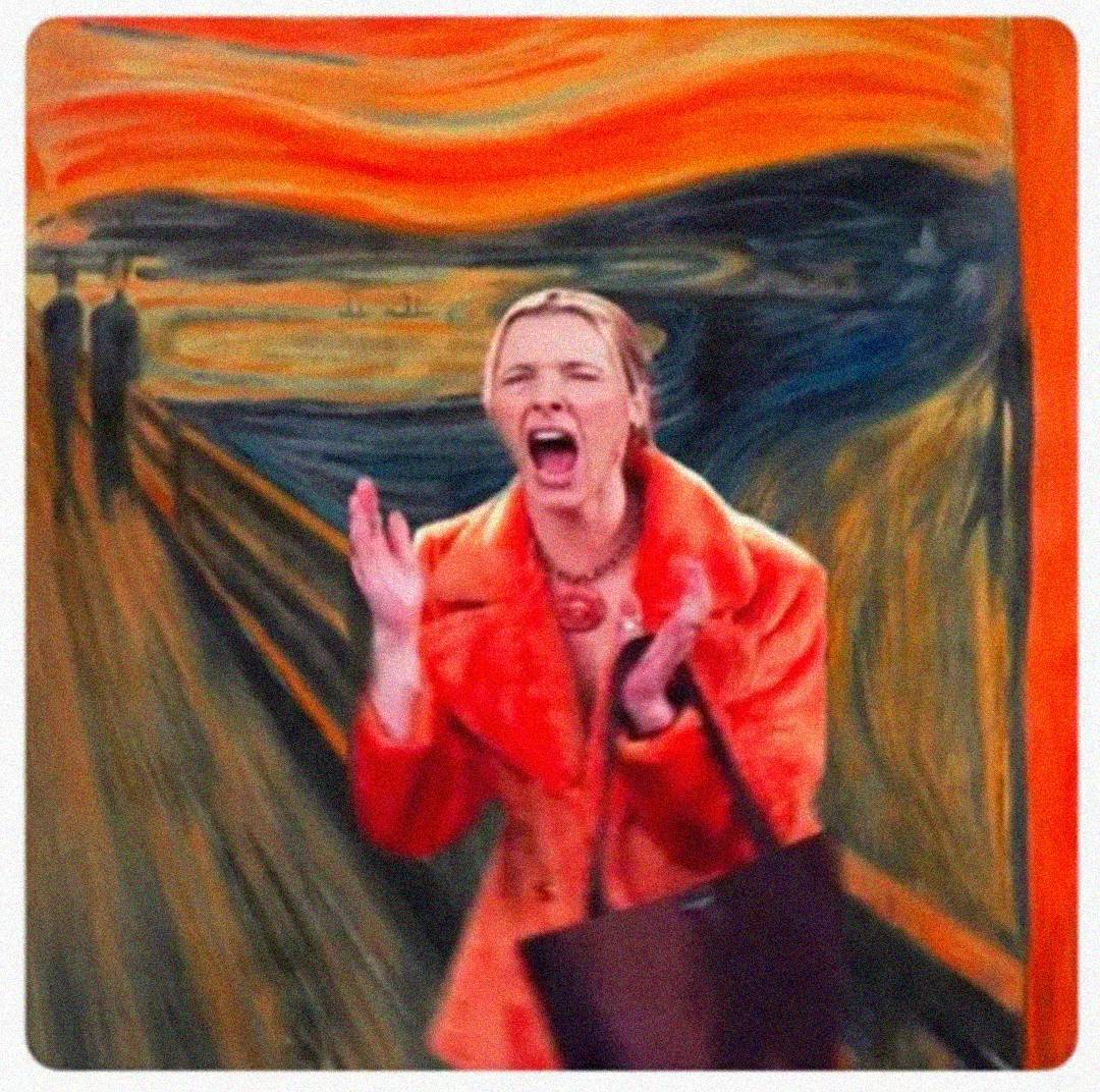 A person in a bright orange coat screams with hands raised, superimposed onto the background of Edvard Munch's famous painting "The Scream," blending art and modern fashion.