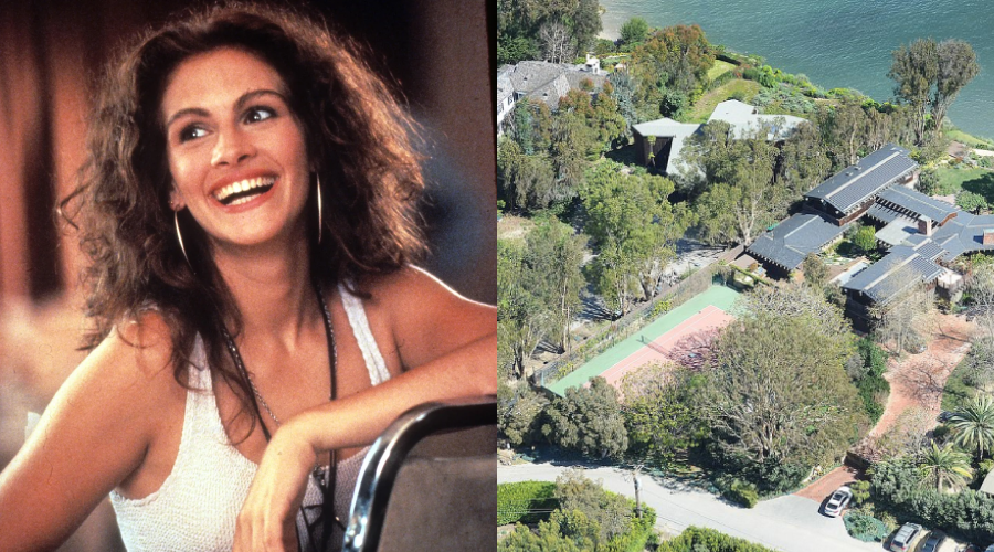 Split image: On the left, a woman with curly brown hair smiles brightly, wearing a white top; on the right, an aerial view of a large house surrounded by trees, with a tennis court and water nearby.
