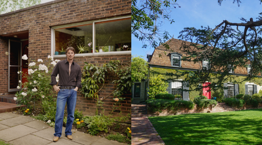 Split image: On the left, a man stands outside a modern brick house with plants and flowers. On the right, a traditional two-story house with a red door is surrounded by green lawn and trees on a sunny day.