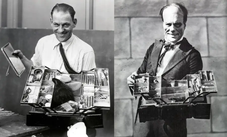 Two black and white photos show men smiling and holding complex makeup kits filled with various theatrical makeup tools, paints, and prosthetics. The men appear to be demonstrating the contents of their kits.