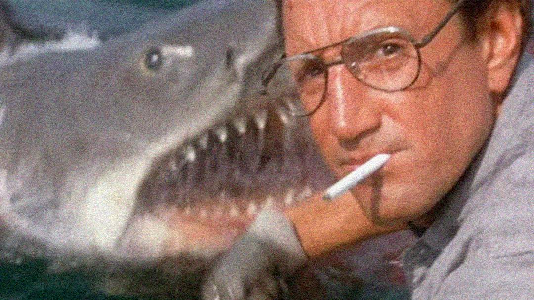 A man with glasses and a cigarette in his mouth looks toward the camera as a large shark with its mouth open appears behind him in the water.