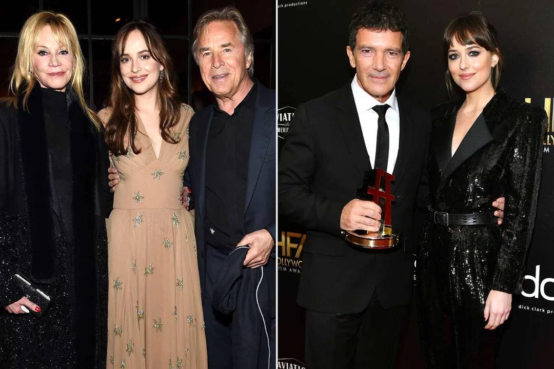 Two photos: On the left, three people—an older woman in black, a young woman in a beige dress, and an older man—smile together. On the right, the young woman stands next to a man in a suit holding a trophy.