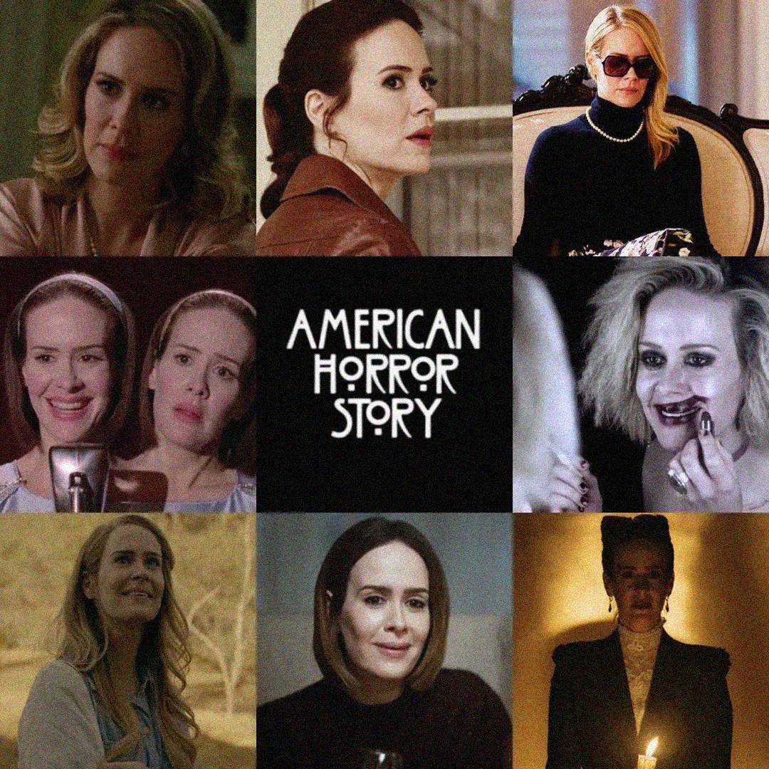 A collage of nine images featuring Sarah Paulson in various roles from the TV series "American Horror Story," with the show's title in the center. Each image shows her with different hairstyles, outfits, and expressions.