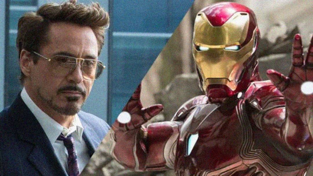 A split image showing Tony Stark in a suit and glasses on the left, and Iron Man in his red and gold armor with raised hands on the right.