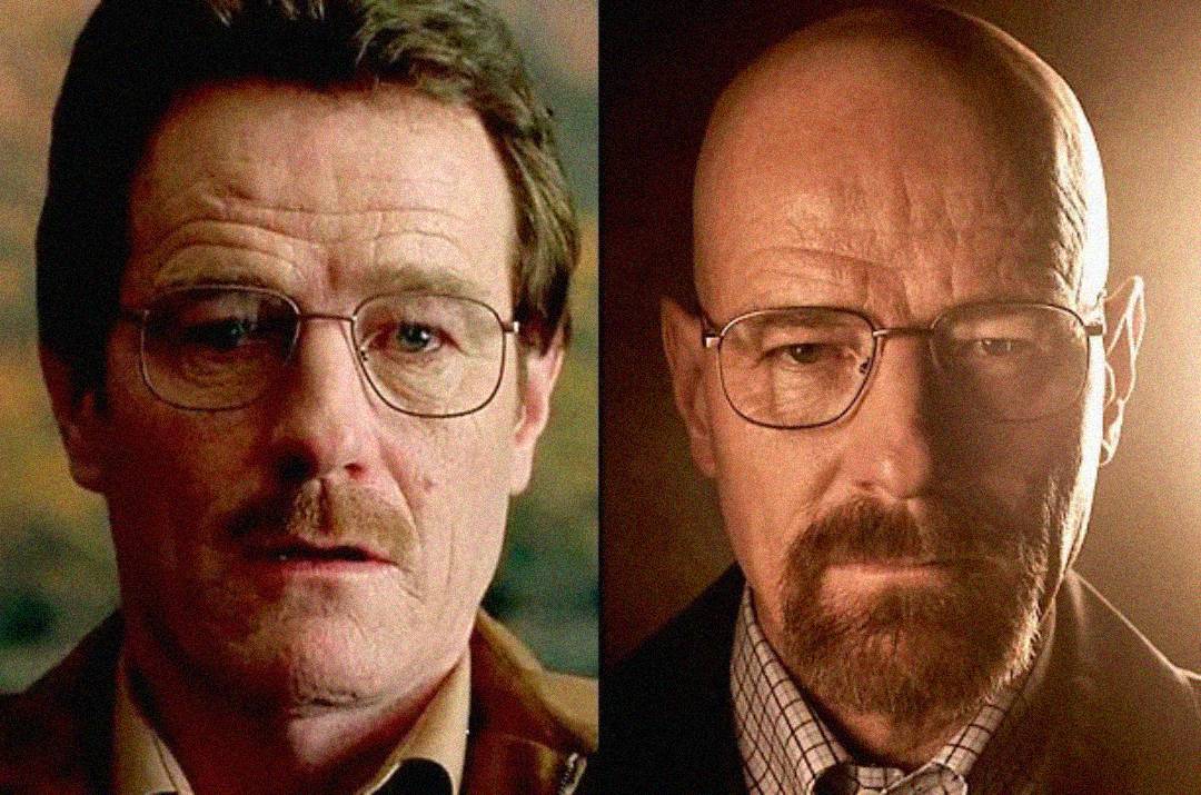 A split image shows the same man with glasses: on the left, he has hair and a mustache, appearing serious; on the right, he is bald with a goatee, looking intense under dramatic lighting.