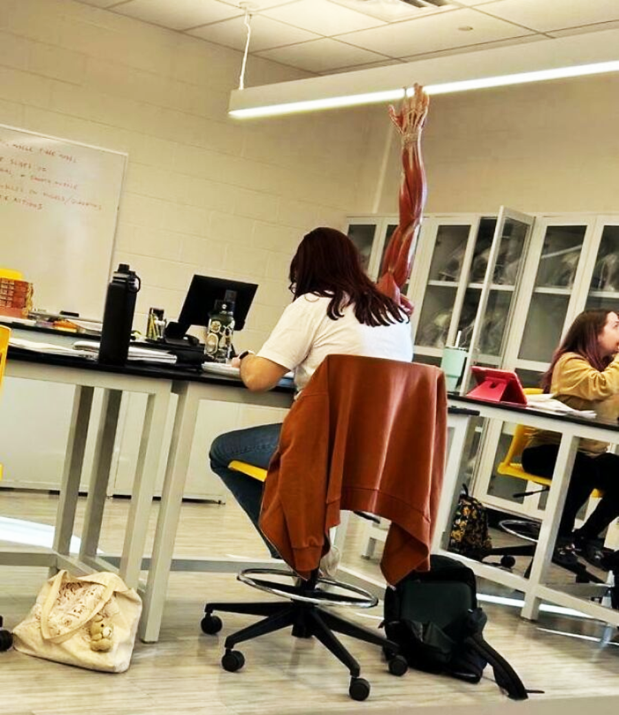 A student sits at a classroom desk with a large anatomical model arm propped upright beside them, creating the humorous illusion that the arm is their own. Other students work in the background.
