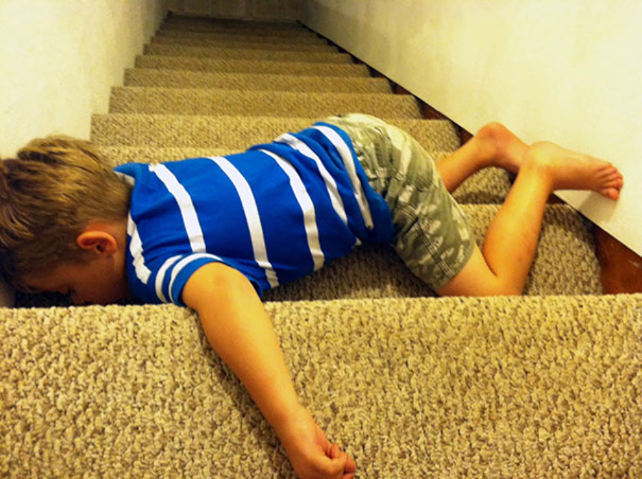 A young boy wearing a blue striped shirt and shorts is lying face down on carpeted stairs, appearing to have fallen asleep or collapsed mid-way up.