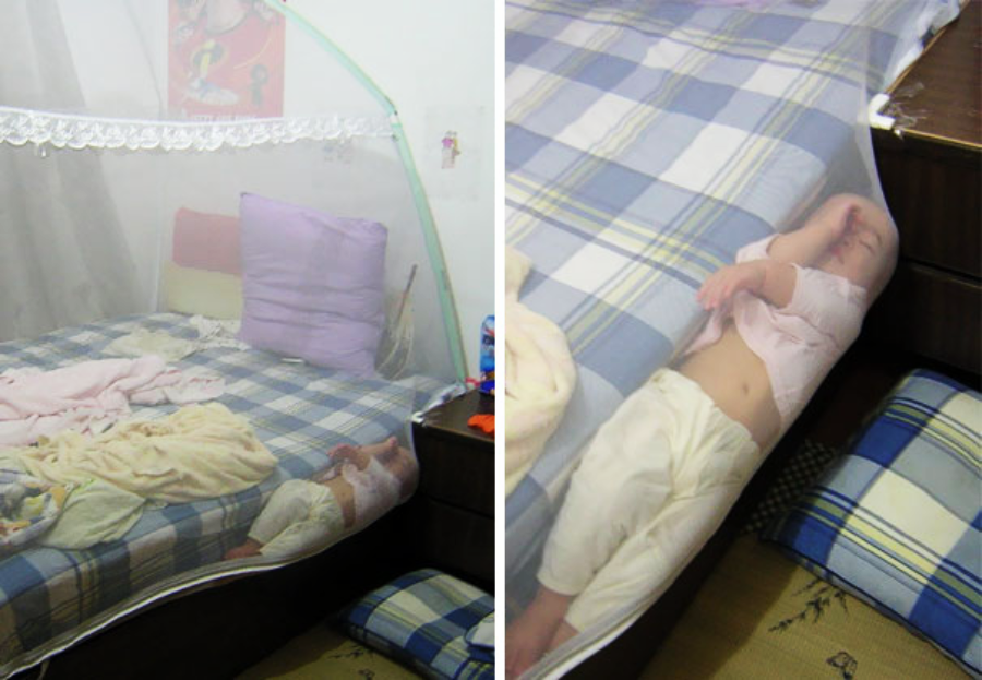 A baby lies on a blue plaid bed covered with a white mosquito net. The left image shows the scene from afar; the right image is a close-up of the sleeping baby under the net, next to pillows and blankets.