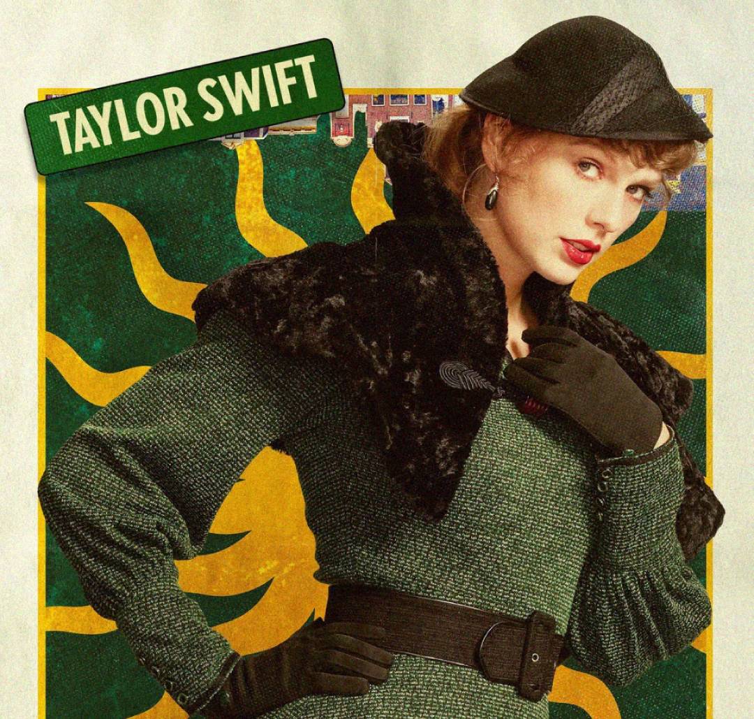 A woman in vintage green attire, black gloves, and a fur collar poses confidently against a yellow and green background. A sign above her reads "Taylor Swift." She wears a hat and red lipstick, with a hand on her hip.