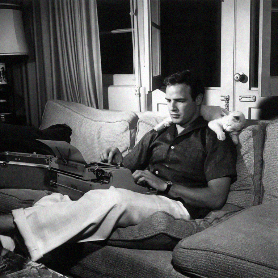 A man sits on a couch typing on a typewriter with a cat resting on his shoulder. The scene appears to be indoors with a lamp, pillows, and a door visible in the background.