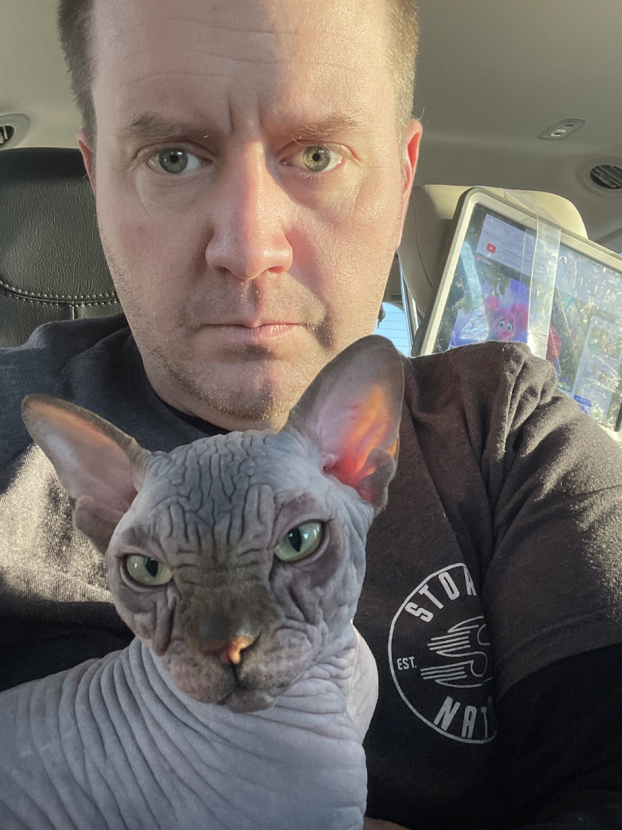 A man sits in a car holding a hairless Sphynx cat. The sunlight highlights both their faces, and the cat looks directly at the camera with green eyes. A screen is visible behind them.