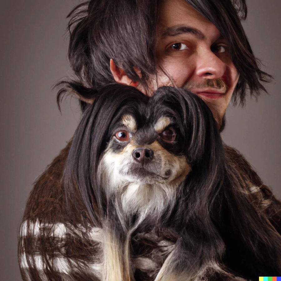 A man with dark, shaggy hair holds a small dog with similar long, dark hair; both have matching hairstyles and are facing the camera, creating a humorous resemblance.