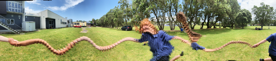 A distorted panoramic photo of children holding hands on a grassy field, with trees and buildings in the background. The image shows elongated, wavy arms due to a camera stitching effect.