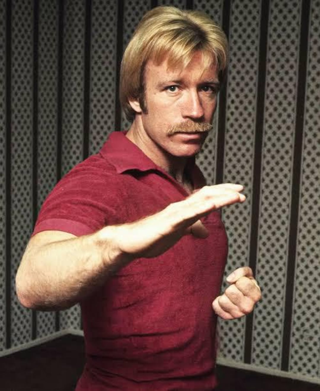 A man with blonde hair and a mustache, wearing a red polo shirt, stands with one arm extended in a martial arts pose. He is indoors, in front of a wall with a white, lattice-like pattern.