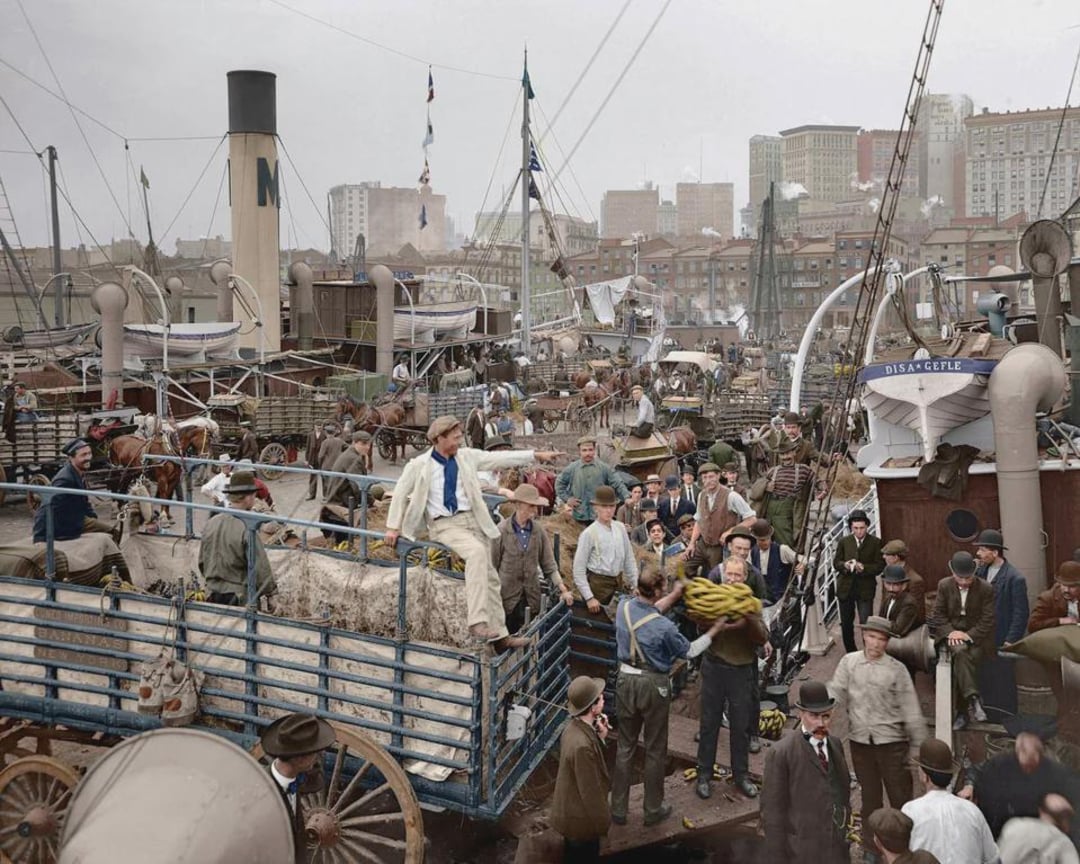 A bustling dockside scene with numerous people, horse-drawn carts, and ships. Men in early 20th-century clothing load and unload goods, while tall city buildings rise in the background.