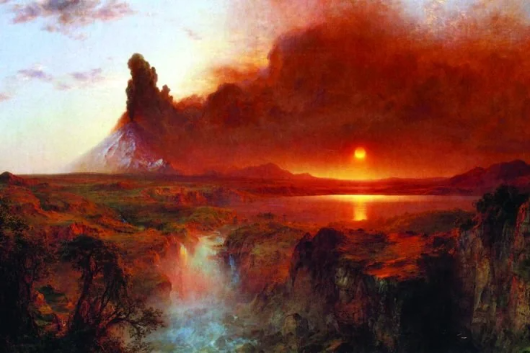 A dramatic landscape painting shows a volcano erupting with dark smoke against a fiery red and orange sky at sunset, overlooking a river, rocky terrain, and distant mountains.