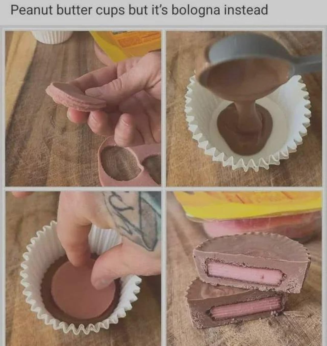 Four-panel image: Someone makes a peanut butter cup but uses a round slice of bologna inside chocolate instead of filling with peanut butter. The last panel shows a cross-section revealing the bologna center.