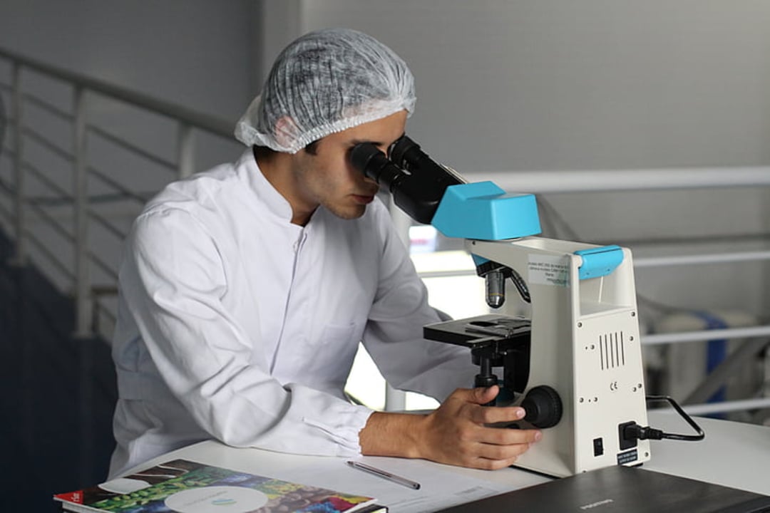 A person wearing a white lab coat and hair net looks through a microscope at a desk in a laboratory setting.