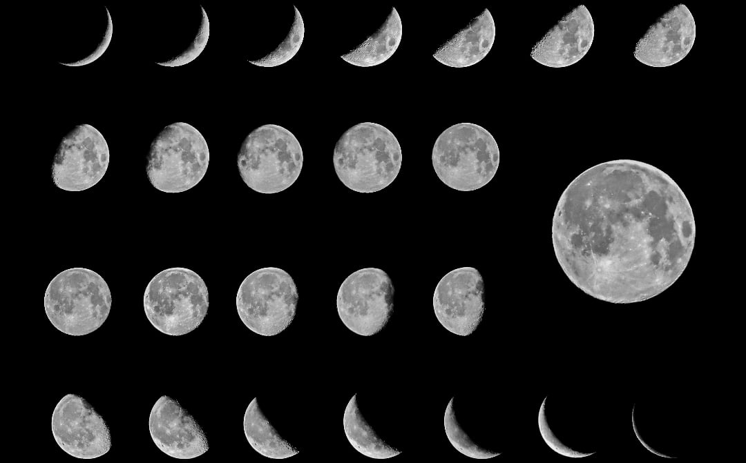 A sequence of moon phases from waxing crescent to full moon and back to waning crescent, arranged in five rows on a black background, illustrating the lunar cycle.