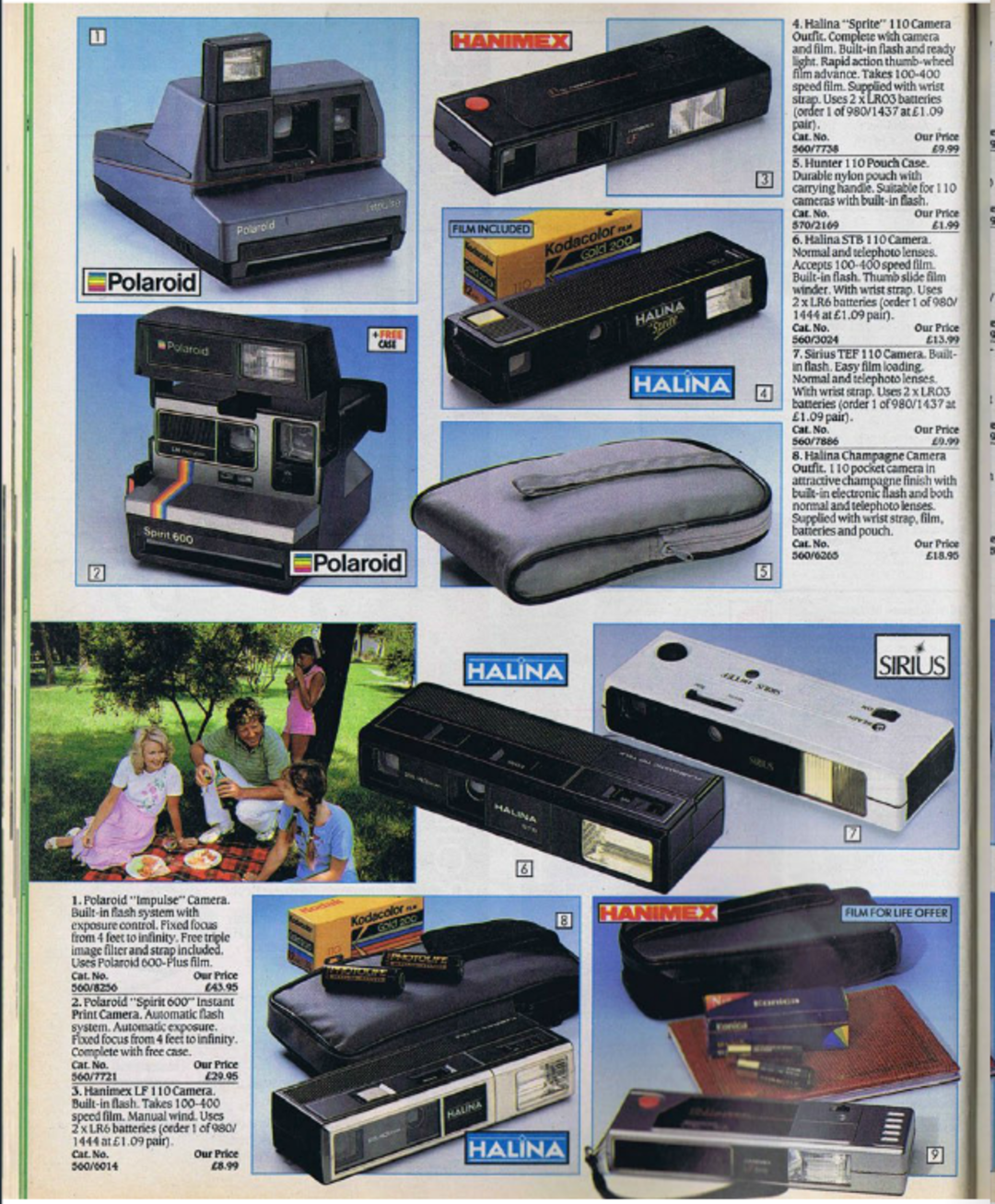 A magazine page displays several vintage cameras, including Polaroid and Halina models, their cases, film packs, and a group of people having a picnic outdoors. Text descriptions and specifications are included beside each item.