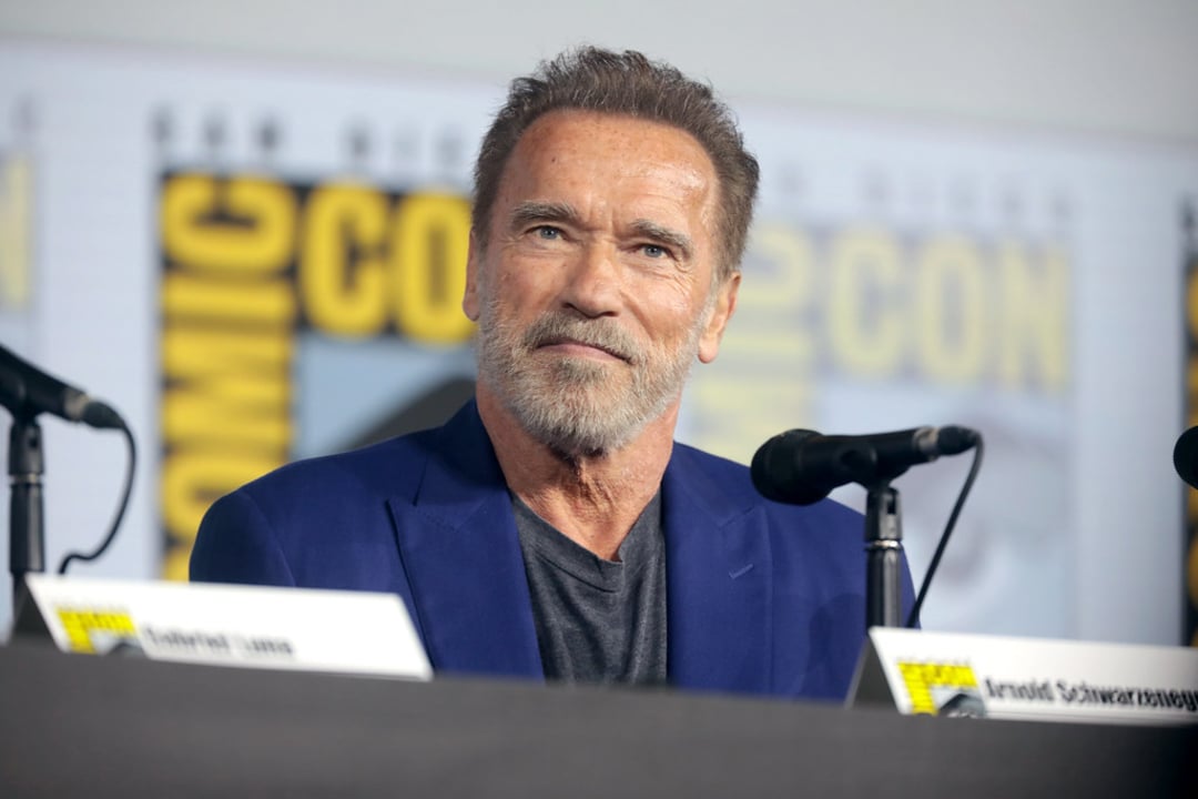 A man with gray hair and a beard, wearing a blue jacket, sits at a panel with microphones. A Comic-Con sign is in the background. His nameplate reads "Arnold Schwarzenegger.