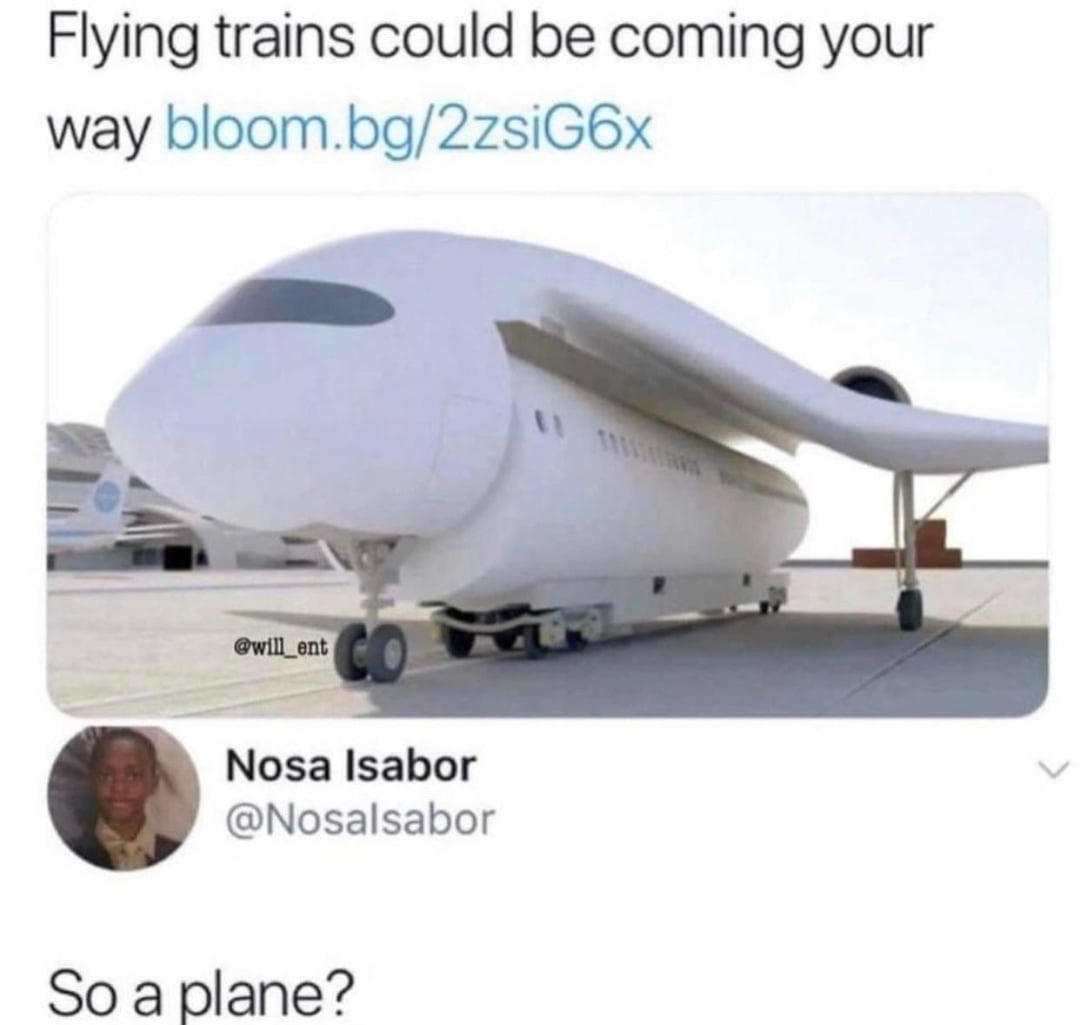 A futuristic train designed like an airplane is shown in an article preview. A tweet below, replying to the article, humorously asks, "So a plane?" pointing out the similarity.