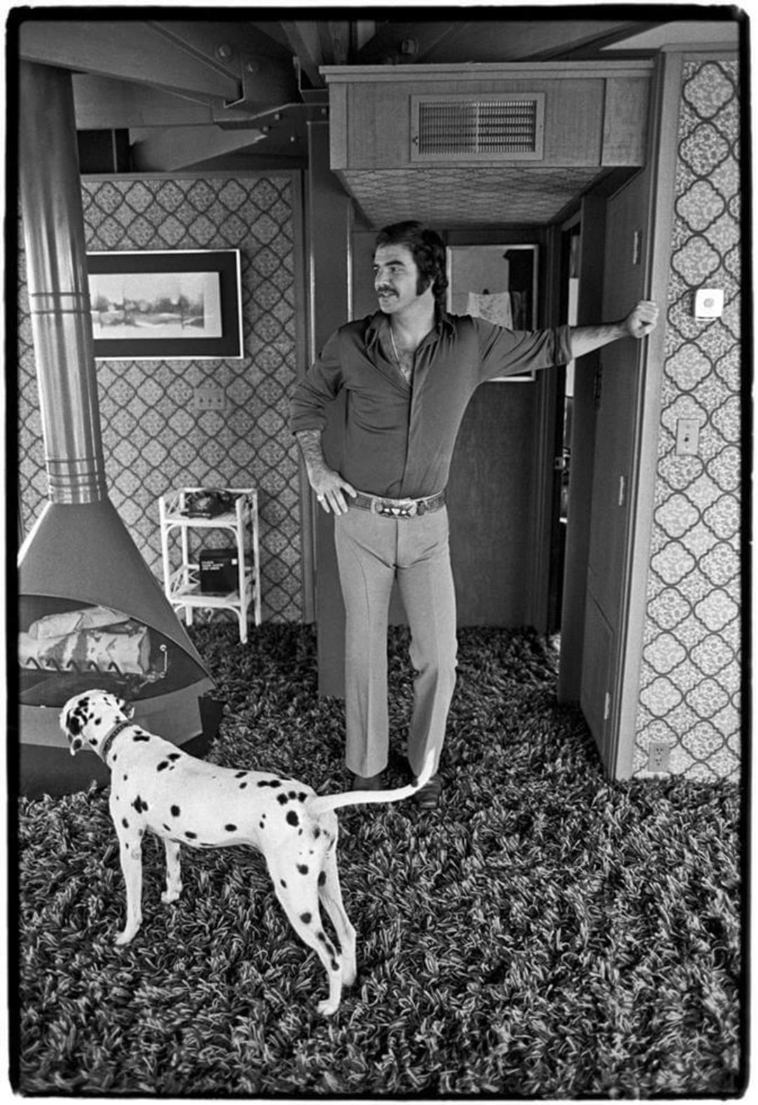 A man with a mustache stands in a retro-styled room with patterned wallpaper and shag carpet, resting one arm on a doorframe. A Dalmatian dog stands near him, facing away. A modern fireplace and framed art are visible.