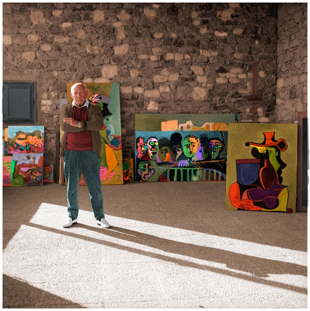 An older man stands in a sunlit room with stone walls, surrounded by several colorful, abstract paintings displayed around him on the floor.