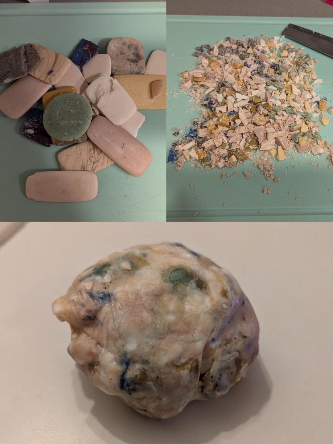 A collage shows: old erasers and pencil stubs, a pile of grated eraser shavings and crumbs, and a recycled eraser ball made from the shavings.
