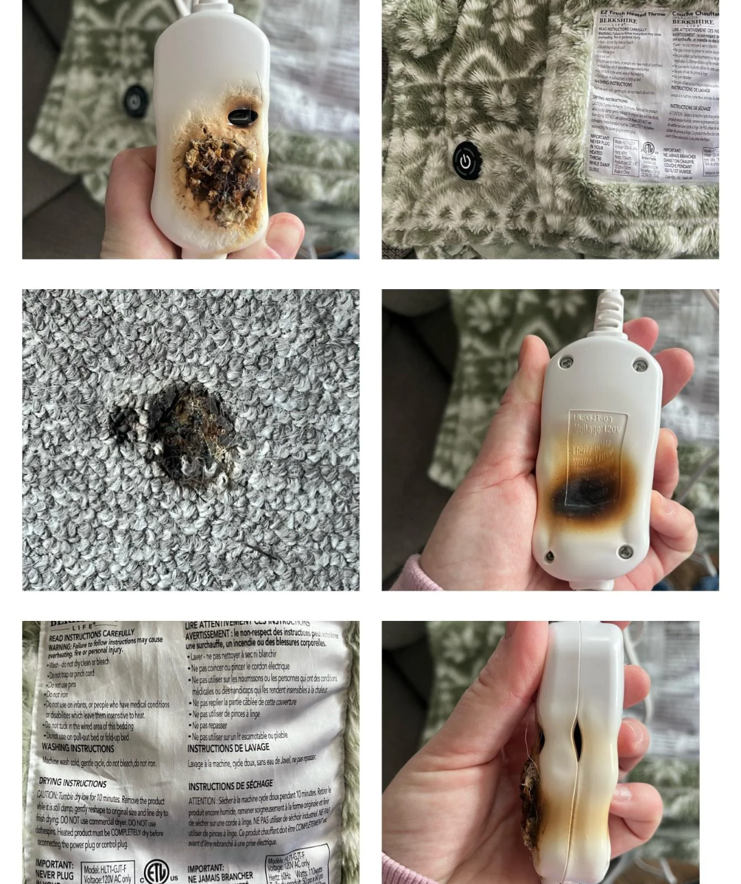 A collage of six photos showing a burned heating pad and its melted controller, including close-ups of scorch marks on the pad, the damaged controller, and the product's instructions.