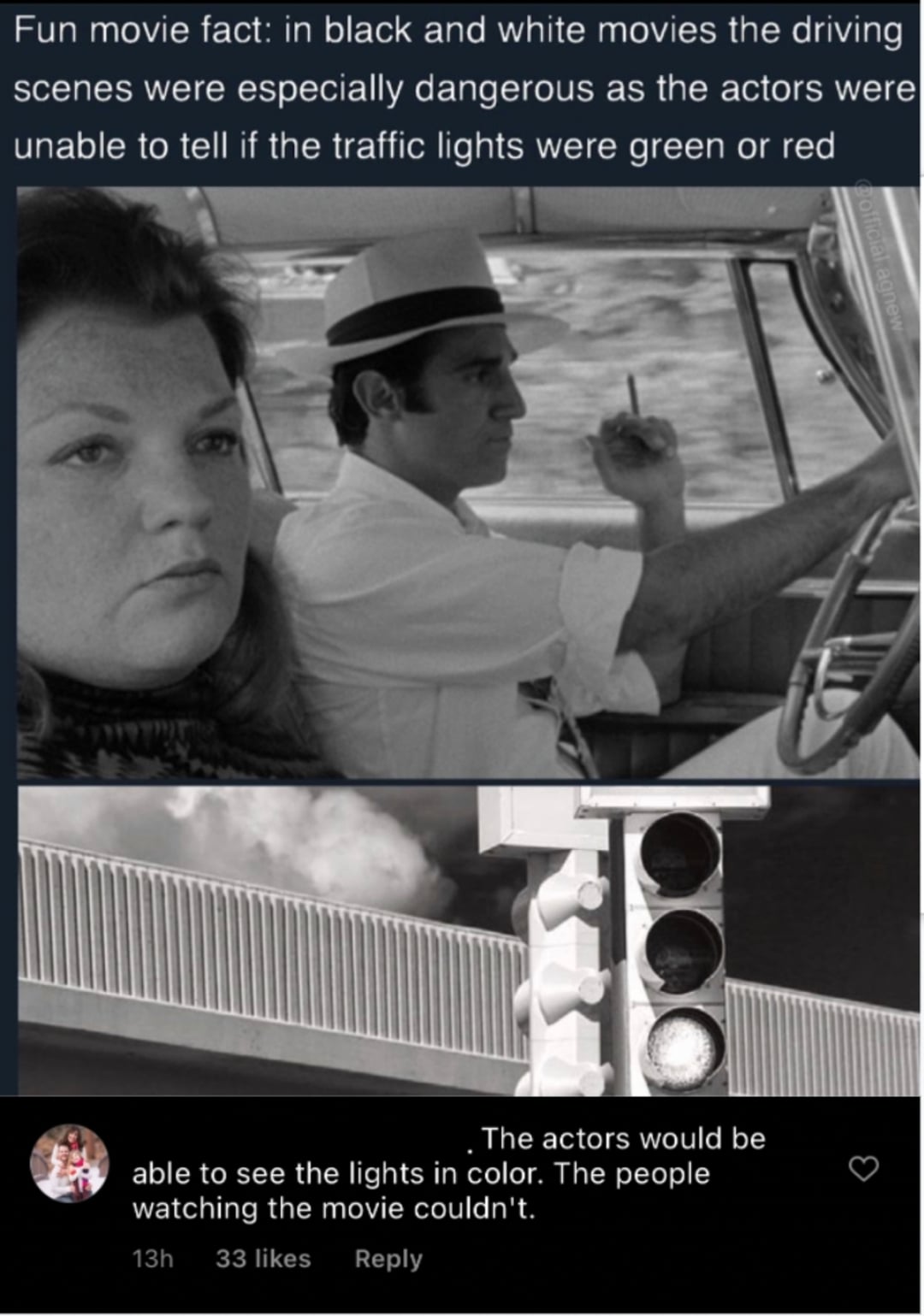 Two black-and-white movie scenes: a woman and a man driving, and a traffic light. Text explains actors saw real traffic light colors, but viewers couldn't, with a comment clarifying only the audience missed the colors.