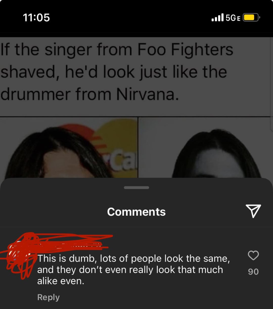 Instagram screenshot showing a meme comparing the appearances of two musicians, with a comment below reading: "This is dumb, lots of people look the same, and they don’t even really look that much alike even.