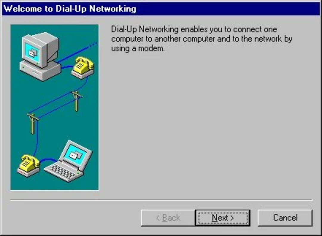 A Windows setup screen for Dial-Up Networking shows a diagram of two computers connected via phones and phone lines, with explanatory text and "Back," "Next," and "Cancel" buttons at the bottom.