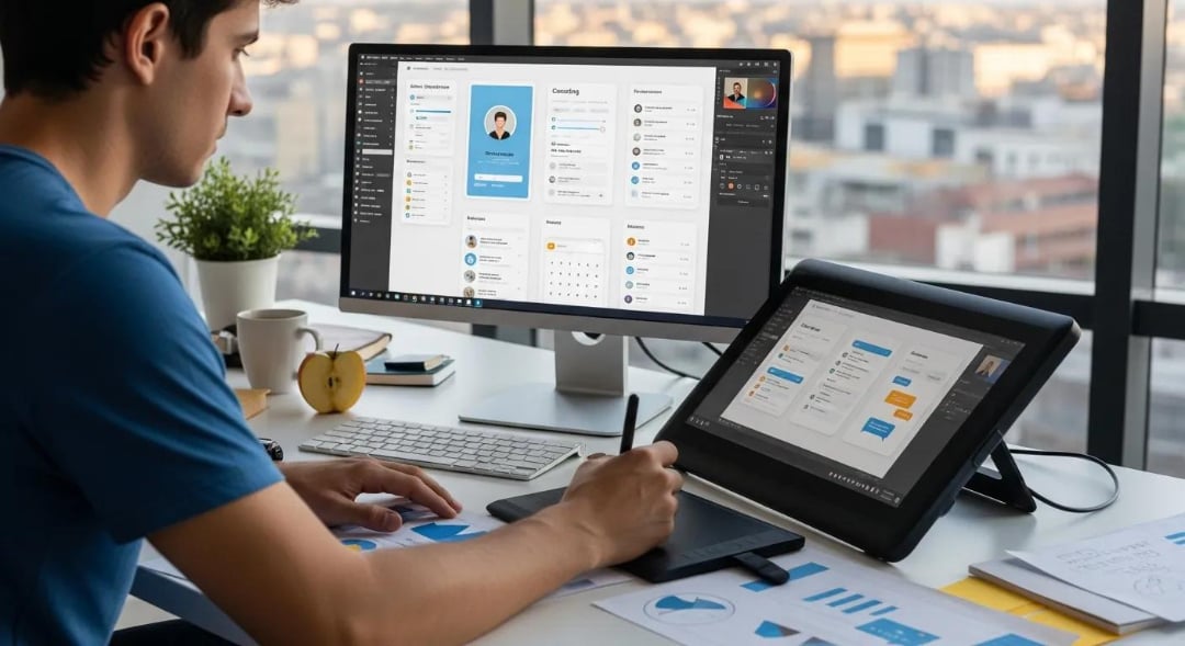 A man sits at a desk in front of large windows, working on a tablet with a stylus. Two monitors display user interface designs, and papers with charts are spread on the desk.