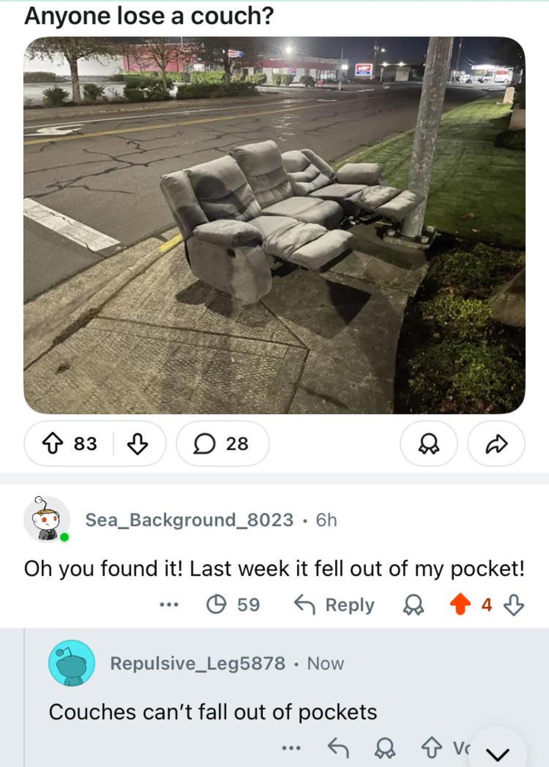 A sectional gray couch sits abandoned on a sidewalk and grass next to a street at night. Above, text asks, "Anyone lose a couch?" with humorous comments below about couches falling out of pockets.