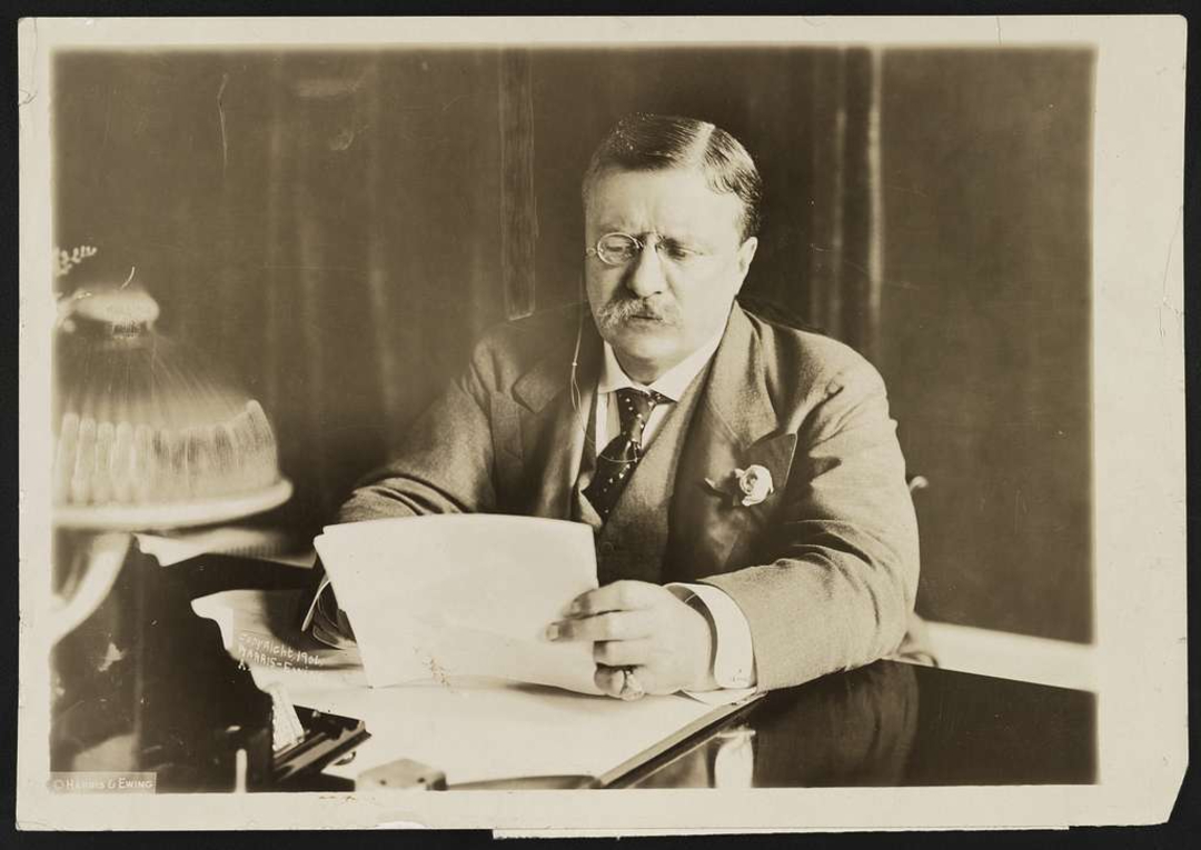A man with glasses and a mustache sits at a desk, reading a document. He wears a suit with a tie and a flower on the lapel. Papers and a lamp are on the desk, and the setting appears to be an office.