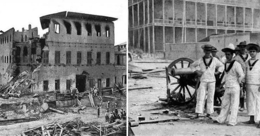 Split image: Left shows a damaged, partially collapsed building with debris and people nearby. Right shows four sailors in uniform standing by a cannon with a large building in the background.