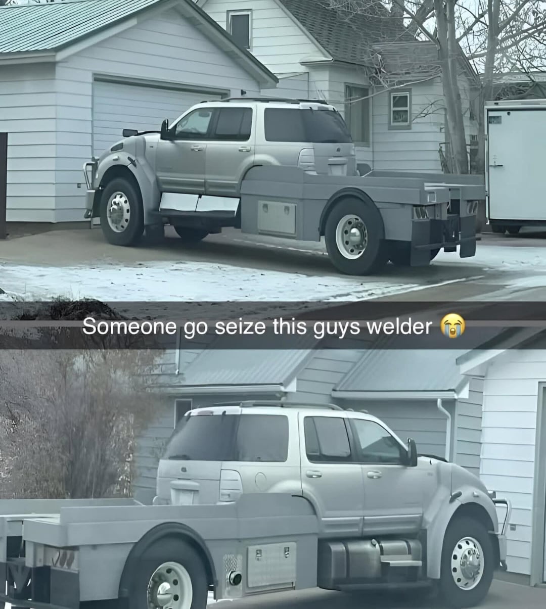 A large, custom-built silver truck with an industrial look is parked in a residential driveway. The vehicle features oversized wheels, flatbed, and toolbox compartments. Text overlay reads, "Someone go seize this guys welder" with a crying emoji.