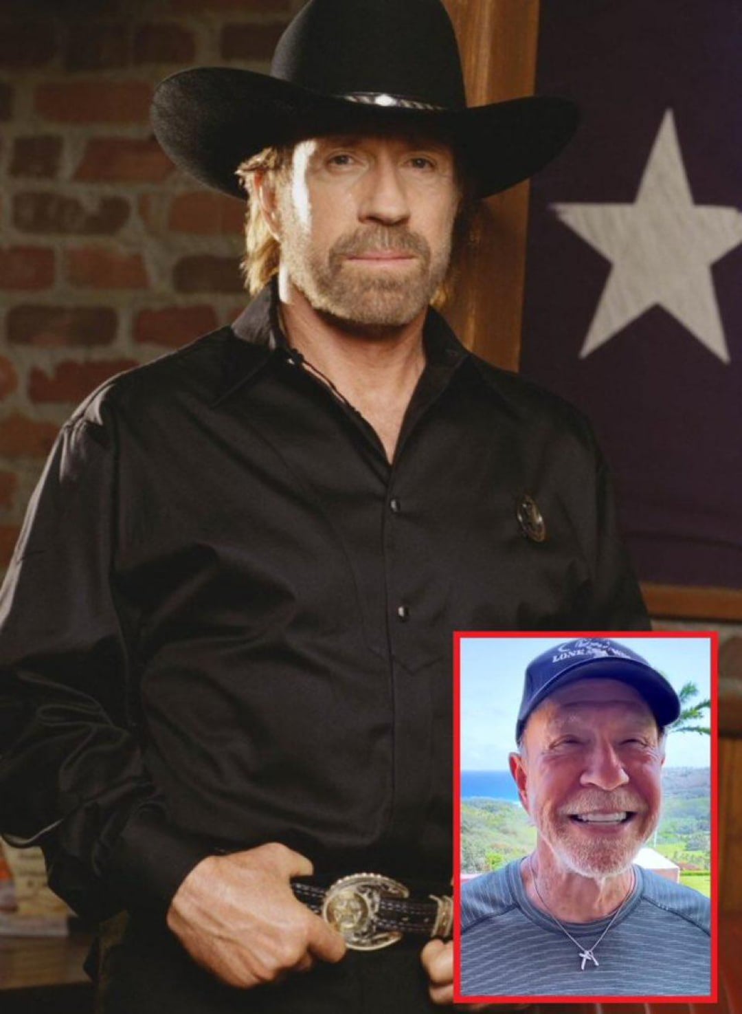 A man in a black cowboy hat and shirt stands indoors with a flag and brick wall behind him; inset shows the same man older, smiling outdoors, wearing a cap and casual clothes.
