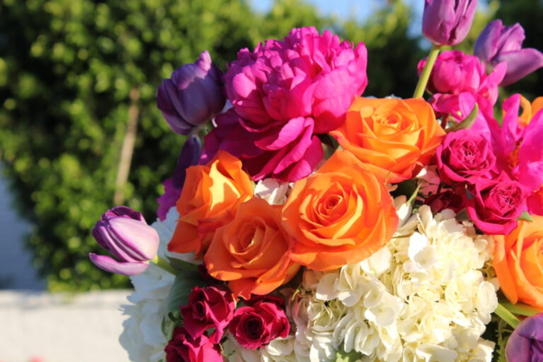 A vibrant bouquet featuring orange roses, pink peonies, purple tulips, and white hydrangeas, set against a blurred green outdoor background in bright sunlight.