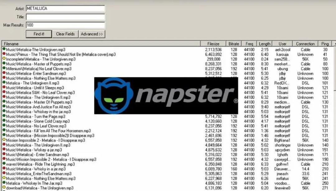 Screenshot of the Napster music-sharing software interface, showing a search for "Metallica" with a list of downloadable songs and file details, and a large semi-transparent Napster logo in the center.