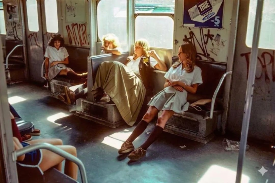 Four teenage girls in school uniforms sit casually on a graffiti-covered subway train, with sunlight streaming through the windows. The scene has a vintage, candid feel.
