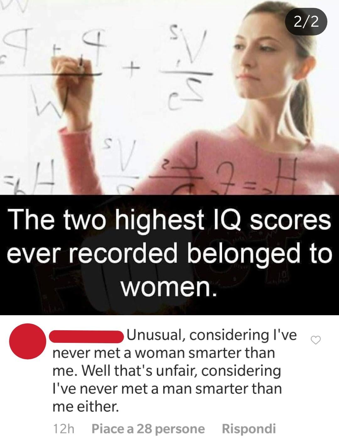 A woman writes math equations on a glass board. Text says, "The two highest IQ scores ever recorded belonged to women." A social media comment below debates the statement, implying skepticism about gender and intelligence.