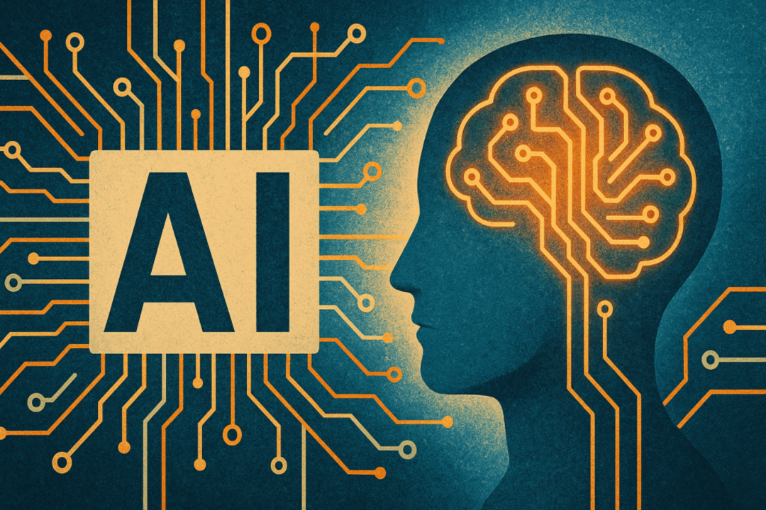 Illustration of a human head silhouette with a glowing circuitry brain connected to the letters "AI," symbolizing artificial intelligence and the connection between human minds and technology.