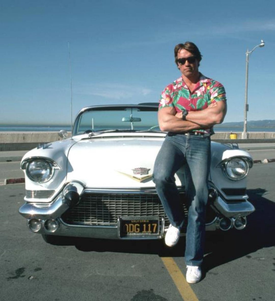 A man in sunglasses, a floral shirt, and jeans leans with arms crossed on the hood of a classic white Cadillac convertible parked on a sunny waterfront street.