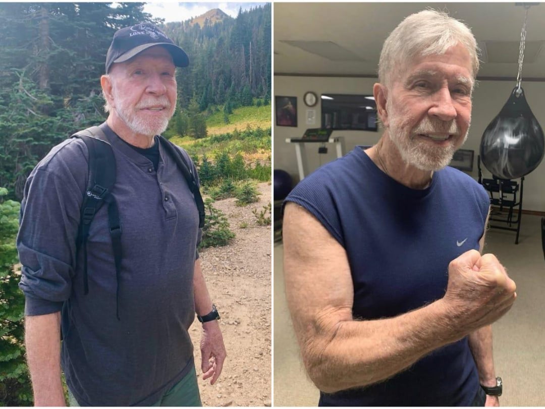 Side-by-side photos of an older man with a white beard; left: he’s outdoors in a cap and long-sleeve shirt, right: he’s indoors in a sleeveless shirt making a fist, showing his arm muscle and smiling.
